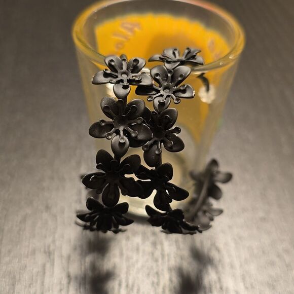 Matte Black Floral Design Hoop Earrings - Picture 3 of 9